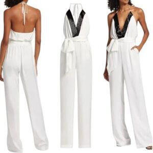 RAMY BROOK Kayla Halter Embellished Jumpsuit Ivory w/Black Beading Sz 0 NWT $625